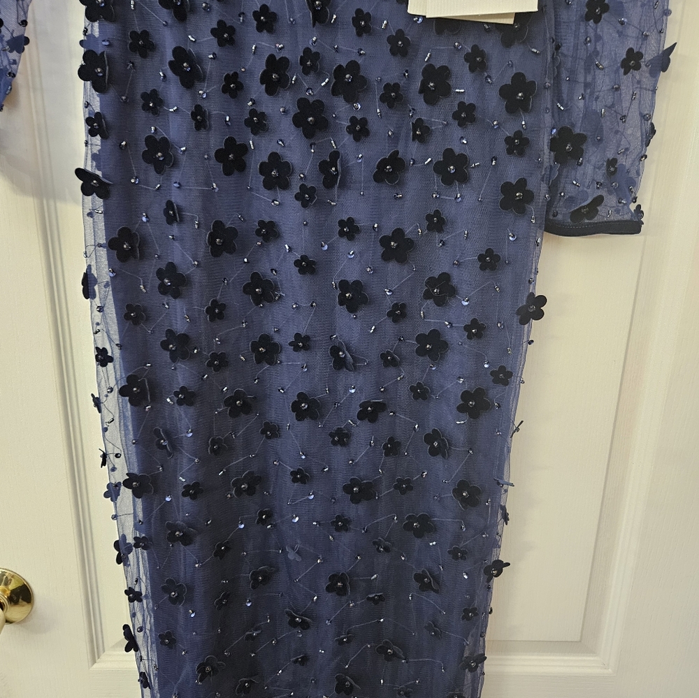 Mac Duggal Navy Embellished V Neck Illusion Long Sleeve Column Midi SZ 4 NWT - Picture 5 of 11